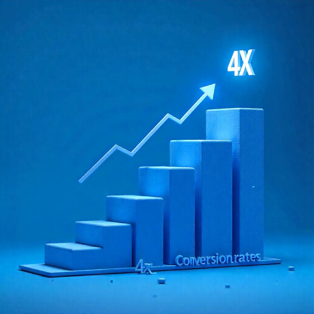 A blue bar chart with an upward arrow and '4X Conversion Rates' text, symbolizing growth.