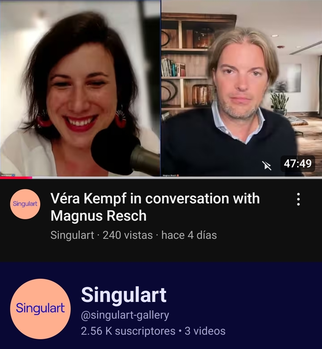 Screenshot of a YouTube interview featuring Véra Kempf and Magnus Resch, discussing art market insights.